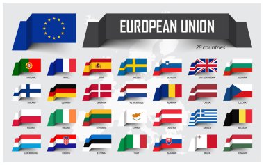 Avrupa Birliği. AB ile üyelik. 28 ülke Derneği. Kağıt bayrak tasarım Europe harita arka plan üzerinde yüzer. Vektör .
