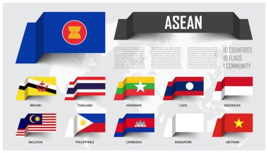 ASEAN. Güneydoğu Asya Ülkeleri Birliği. Ve üyelik. yüzen kağıt bayrakları tasarlayın. Dünya harita arka plan. Vektör .