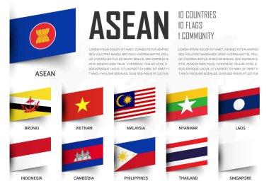 ASEAN. Güneydoğu Asya Ülkeleri Birliği. ve üyelik bayrakları. Eklenen kağıt tasarımı. Dünya harita arka plan. Vektör .
