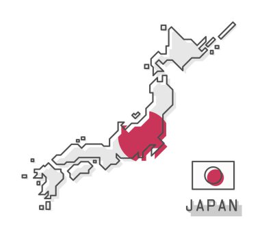 Japonya Haritası ve bayrak. Çağdaş basit çizgi karikatür tasarım. Vektör .
