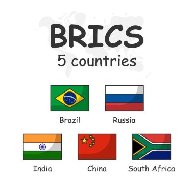 BRICs ve üyelik bayrak. 5 ülke Derneği. Modern basit karikatür tasarım anahat ve dünya harita arka plan doodle