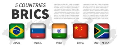 BRICs ve üyelik bayrak. 5 ülke Derneği. Yuvarlak kare parlak düğme ve üye ülke harita arka plan açı. Vektör