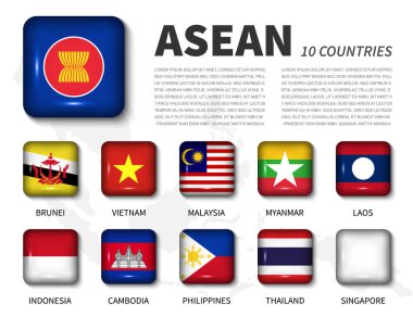 ASEAN ve Üyelik (Güneydoğu Asya Uluslar Birliği). Güneydoğu Asya harita beyaz zemin üzerine parlak yuvarlak açı kare düğme bayrak. Vektör