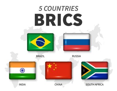 BRICs ve üyelik bayrak. 5 ülke Derneği. Yuvarlak Dikdörtgen parlak düğme ve üye ülke harita arka plan açı. Vektör