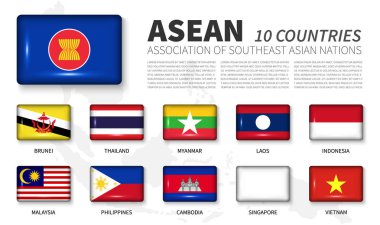 ASEAN ve Üyelik (Güneydoğu Asya Uluslar Birliği). Parlak yuvarlak açı dikdörtgen düğmesi bayrak Güneydoğu Asya harita ile beyaz arka plan üzerinde. Vektör .