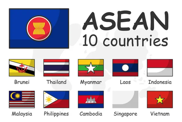 Vlag van de ASEAN en het lidmaatschap. Associatie van Zuidoost-Aziatische Staten. Moderne eenvoudige cartoon ontwerp schetsen en doodle wereld kaart achtergrond . — Stockvector