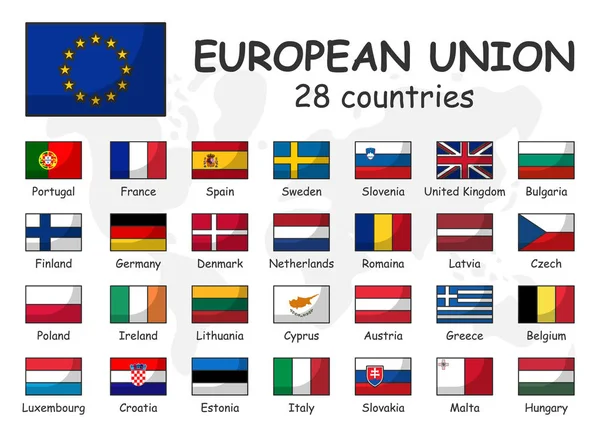 유럽 연합 그리고 회원 플래그입니다. 28 개국의 협회입니다. 현대 간단한 만화 디자인 개요 및 세계 지도 배경에 낙서 — 스톡 벡터
