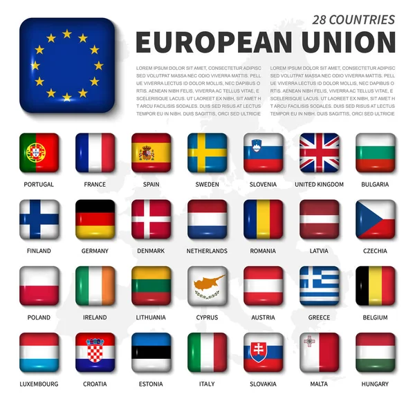 Unione europea (UE) e bandiera di adesione. Associazione di 28 paesi. Pulsante quadrato lucido ad angolo rotondo e sfondo mappa dell'Europa. Vettore — Vettoriale Stock