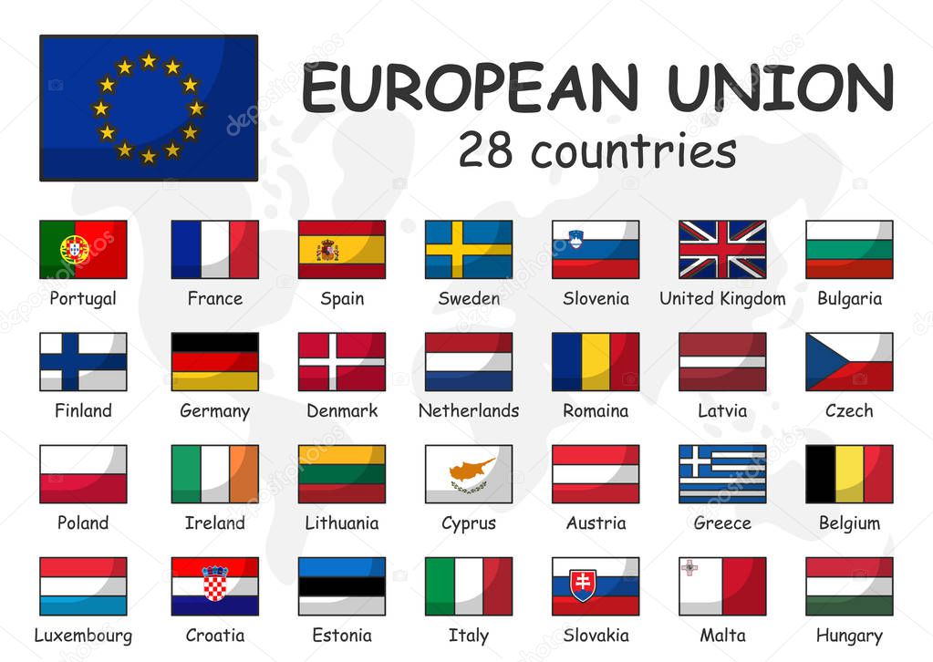 European union and membership flag . Association of 28 countries . Modern simple cartoon outline design and doodle world map background .