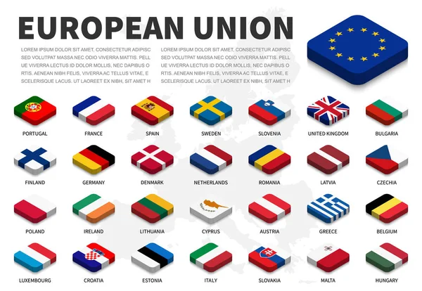유럽 연합 (Eu) 국기 그리고 유럽 지도 배경에 회원. 아이소메트릭 최고의 디자인입니다. 벡터 . — 스톡 벡터