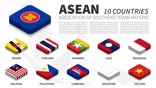 ASEAN flag and membership and southeast asia map background . Isometric top design . Vector .