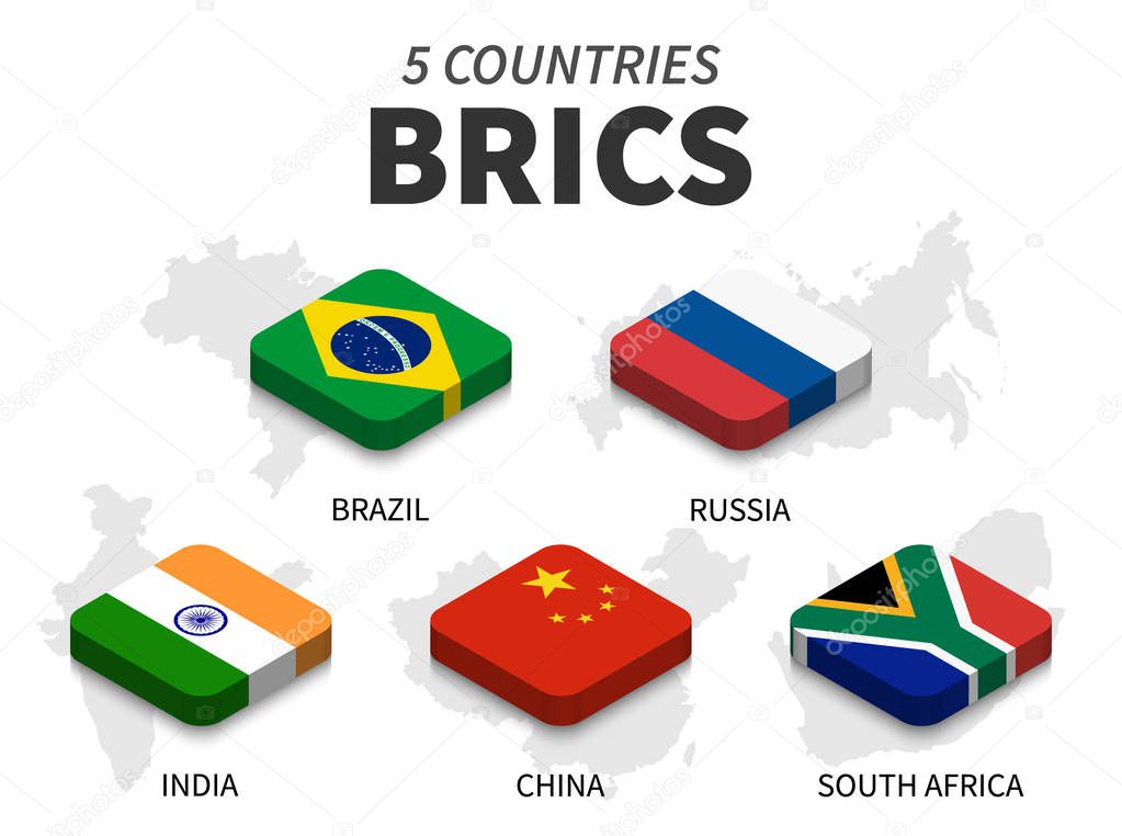 BRICS flag . association of 5 countries and map on white background . Isometric top design . Vector .