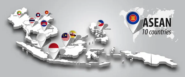 Vlajka ASEAN a členství v 3D mapě perspektivní zobrazení jihovýchodní Asie a navigátor GPS na pozadí barevného přechodu šedé. Vektorové . — Stockový vektor