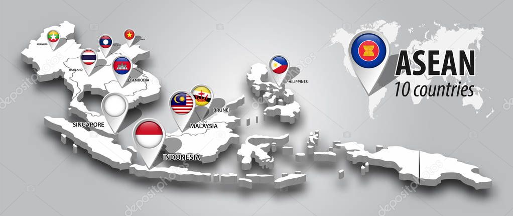 ASEAN and membership flag on 3D map Southeast asia perspective view and GPS navigator pin on gray color gradient background . Vector .