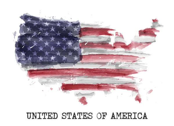 Disegno pittura ad acquerello bandiera America. Forma della mappa del paese. Concetto di giorno di indipendenza (4 luglio 1776). Vettore  . — Vettoriale Stock