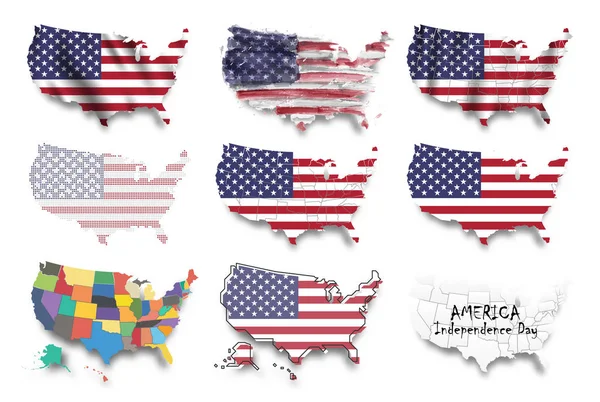 United states of america map and flags set . Multiple graphic design such as waving , watercolor painting , dotted style , etc . Independence day concept . Element vector — Stock Vector