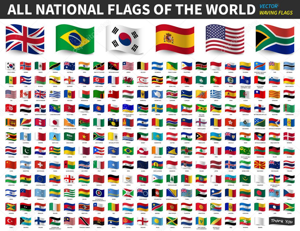 All national flags of the world . Waving flag design . Vector .