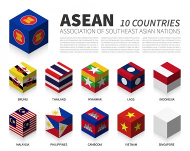 Asean. Güneydoğu Asya Ülkeleri Birliği ve üyelik. 3d Kübik bayrak tasarımı. Vektör .
