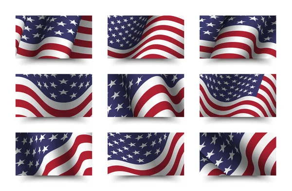 Conjunto de colección de fondo bandera de América. diseño ondulante. Relación 16: 9. Concepto de día de independencia del 4 de julio. Vector  . — Vector de stock