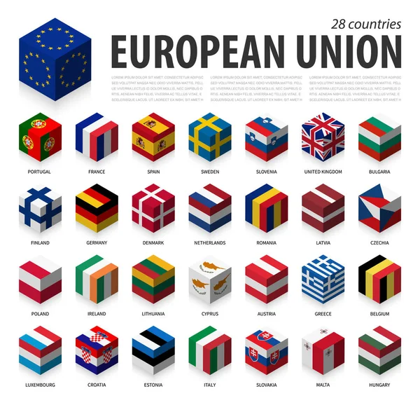 Unione europea e adesione. UE. 3D Design superiore isometrico a bandiera cubica. Vettore  . — Vettoriale Stock