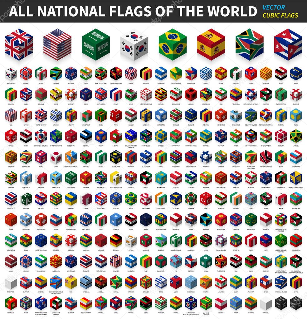 All national flag of the world . Cubic isometric top design . Vector