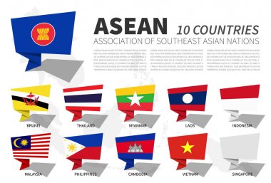 Asean bayrağı ve güneydoğu asya harita arka plan üyelik . Konuşma kabarcıkları tasarım . Vektör .