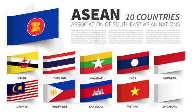 Asean. Güneydoğu Asya Ülkeleri Birliği . ve üyelik bayrakları . Yapışkan not tasarımı . Vektör .