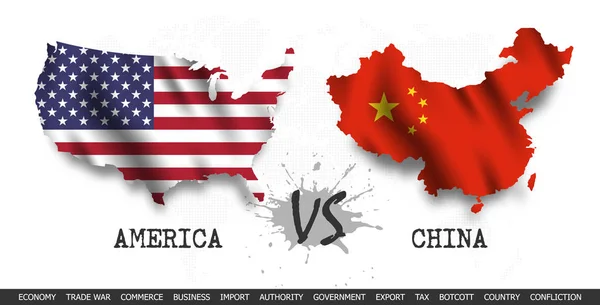 Kereskedelmi háború. Amerikai Egyesült Államok versus China. Integetett zászló és Térkép a világ Térkép háttérben. Vektor — Stock Vector