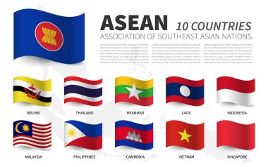 Asean. Güneydoğu Asya Ülkeleri Birliği ve üyelik. Dalgalı bayraklar tasarım . Güneydoğu asya harita arka plan . Vektör