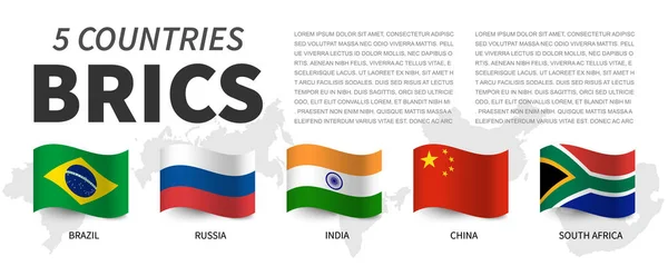 BRICS. Associação de 5 países e bandeiras e mapa. Acenando design bandeira. Vetor — Vetor de Stock
