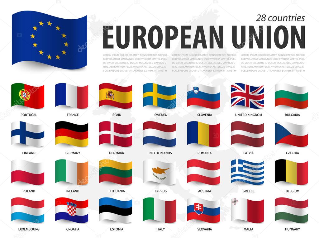 European union flag ( EU ) and membership on europe map background . Waving flag design . Vector .