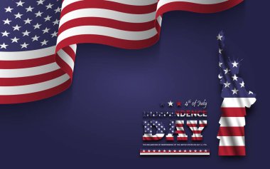 4 Temmuz Amerika'nın mutlu bağımsızlık günü . Metin ile özgürlük heykeli ve mavi arka plan üzerinde köşesinde Amerikan bayrağı sallayarak . Vektör