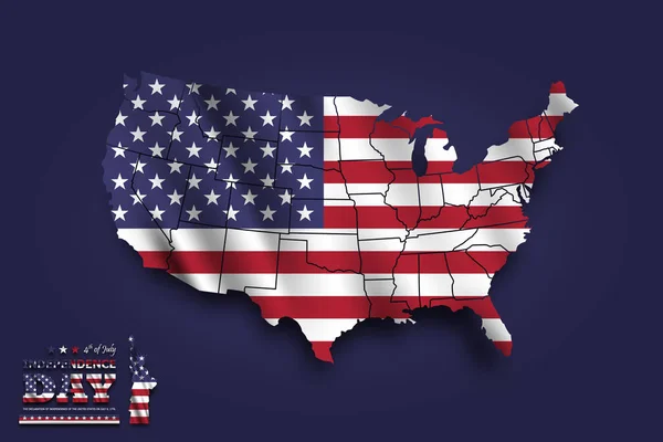 Estados Unidos da América: mapa e bandeira ondulada. Conceito do dia da independência de 4 de Julho. fundo azul. Vetor —  Vetores de Stock