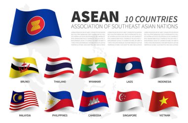 Asean. Güneydoğu Asya Ülkeleri Birliği ve üyelik. Dalgalı bayraklar tasarım . Güneydoğu asya harita arka plan . Vektör