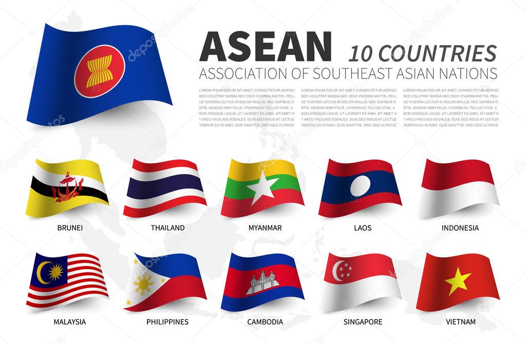 ASEAN . Association of Southeast Asian Nations and membership . Waving flags design . Southeast asia map background . Vector .