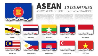 Asean bayrağı ( Güneydoğu Asya Ülkeleri Birliği ) ve güneydoğu Asya harita arka plan üyelik . Yırtık kağıt tasarımı. Vektör