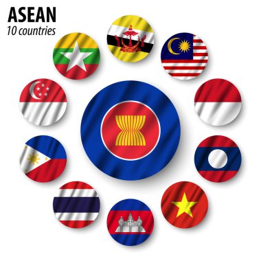 Asean bayrağı ( Güneydoğu Asya Ülkeleri Birliği ) ve üyelik . Sallanan kumaş tasarımı . Vektör