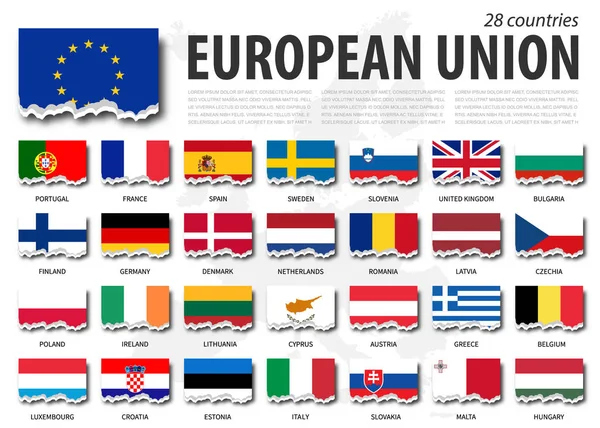 Σημαία της Ευρωπαϊκής Ένωσης (ΕΕ) και ένταξη. Σχισμένος σχεδιασμός χαρτιού. Ευρώπη χάρτη φόντο. Διάνυσμα — Διανυσματικό Αρχείο