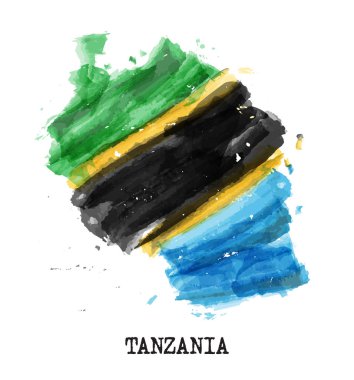 Tanzanya bayrağı suluboya boyama tasarımı. Ülke haritası şekli. Vektör