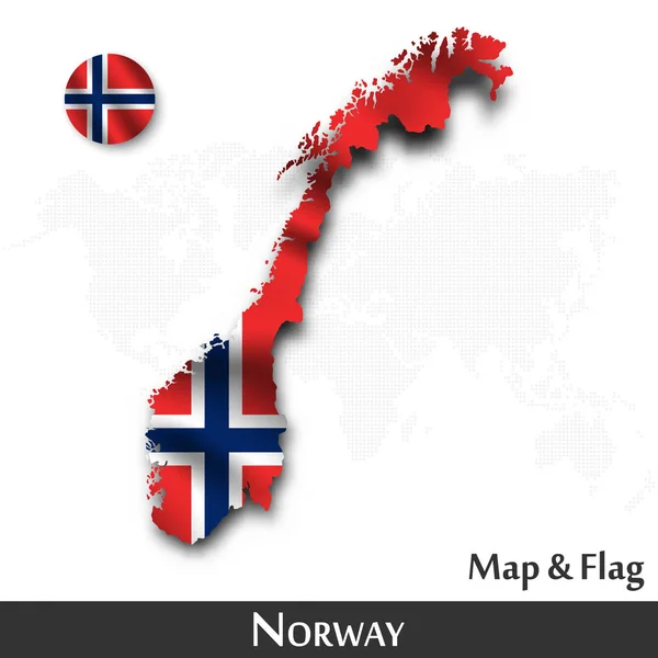 Noruega mapa y bandera. Diseño textil ondulante. Fondo del mapa mundial de puntos. Vector — Archivo Imágenes Vectoriales