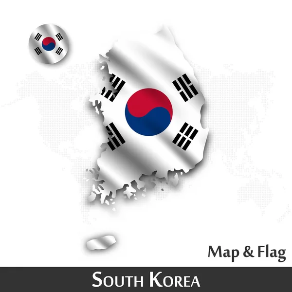Corea del Sur mapa y bandera. Diseño textil ondulante. Fondo del mapa mundial de puntos. Vector  . — Archivo Imágenes Vectoriales