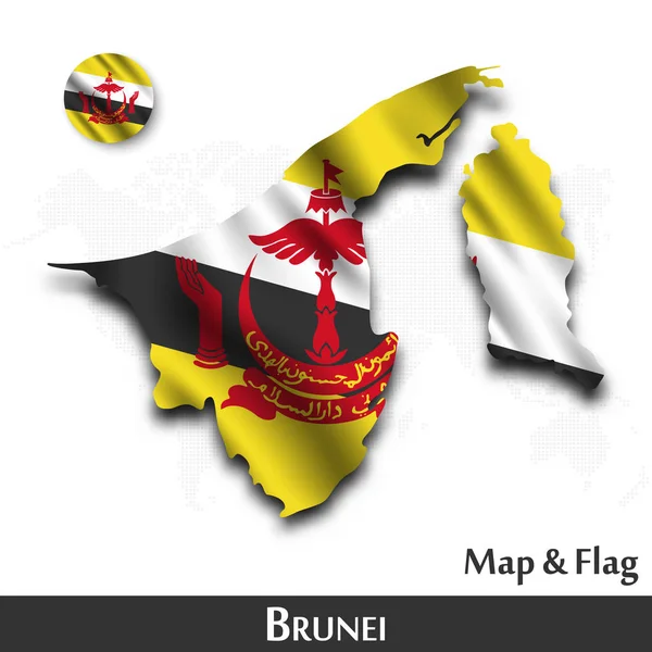 Brunei karta och flagga. Vifta med textildesign. Punkt världskarta bakgrund. Vektor . — Stock vektor