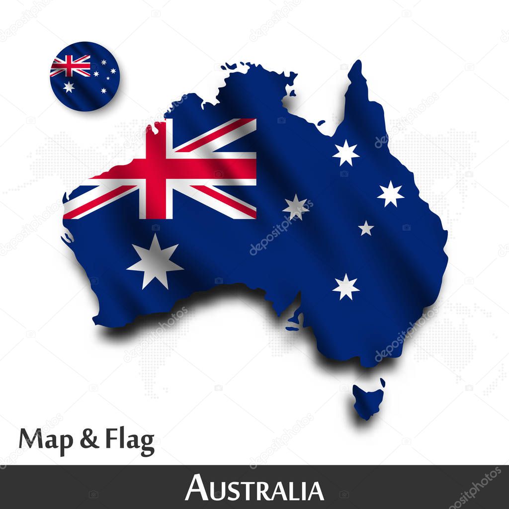 Australia map and flag . Waving textile design . Dot world map background . Vector .