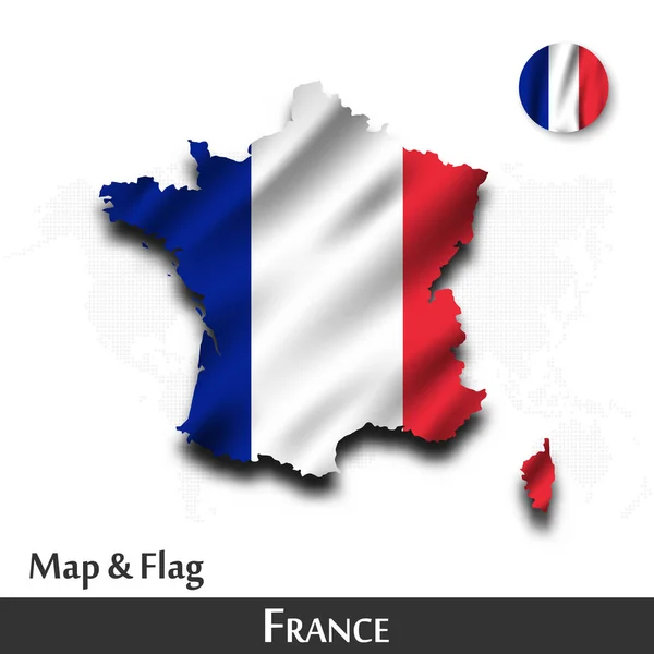 Mapa y bandera de Francia. Diseño textil ondulante. Fondo del mapa mundial de puntos. Vector  . — Archivo Imágenes Vectoriales
