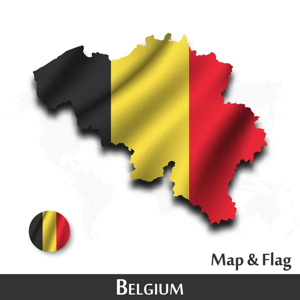 Mapa y bandera de Bélgica. Diseño textil ondulante. Fondo del mapa mundial de puntos. Vector  . — Archivo Imágenes Vectoriales