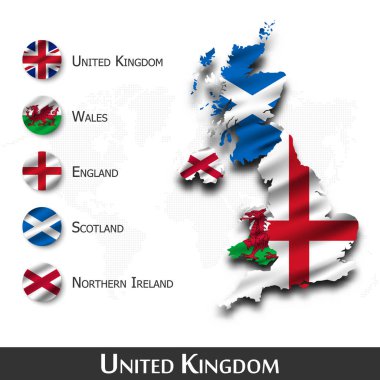 Büyük Britanya Haritası ve Bayrağı (İskoçya) Kuzey İrlanda . Galler. İngiltere ) . Tekstil tasarımısal sallayarak . Nokta dünya haritası arka plan . Vektör .