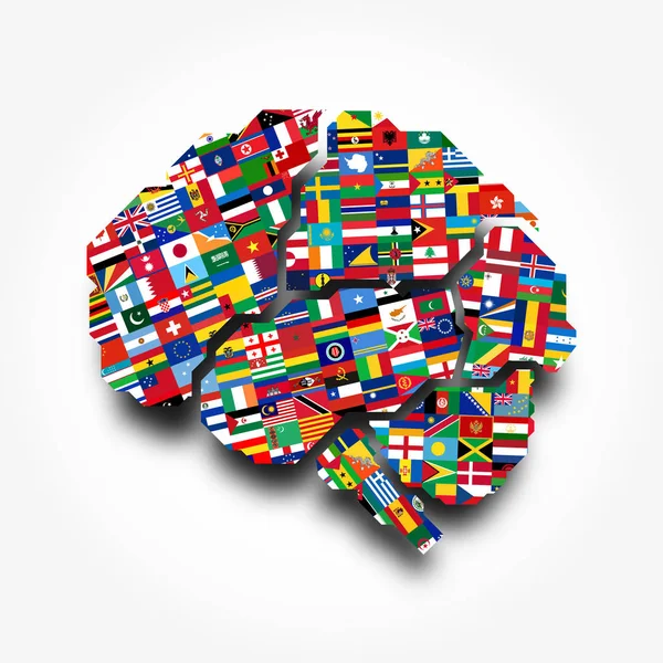 World flags and brain . Creative idea concept . Flat design . Vector . — Stock Vector
