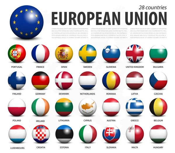 유럽 연합 Eu 3D 원 공 줄과 회원 플래그 디자인 . 흰색 고립 된 배경과 유럽지도 . 벡터 . — 스톡 벡터