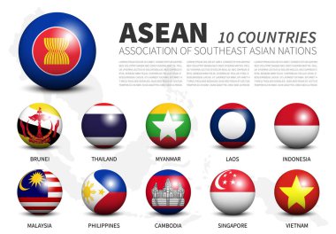 Asean. Güneydoğu Asya Ülkeleri Birliği . 3d daire topları ve üye bayrakları tasarım . Beyaz izole arka plan ile Güneydoğu Asya haritası . Vektör .