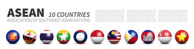 Asean. Güneydoğu Asya Ülkeleri Birliği . Banner 3d daire topları sıraya ve üye bayrakları tasarım . Beyaz izole arka plan . Vektör .